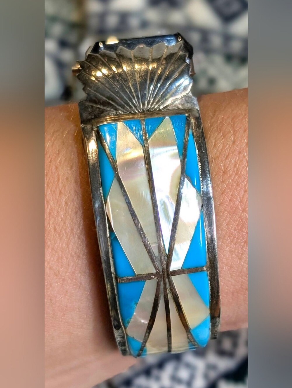 ONE-OF-A-KIND Vintage Turquoise & Mother-of-Pearl Inlay Sterling Cuff Bracelet